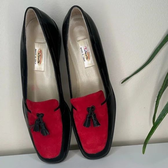 Vintage 80s/90s Talbots Made in Italy Loafers Black Leather Red Suede Tassel 6M - Picture 4 of 11